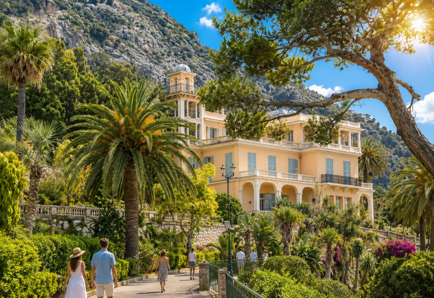 Jardin Maria Serena de Menton avec ses palmiers et sa vue sur la mer Méditerranée
