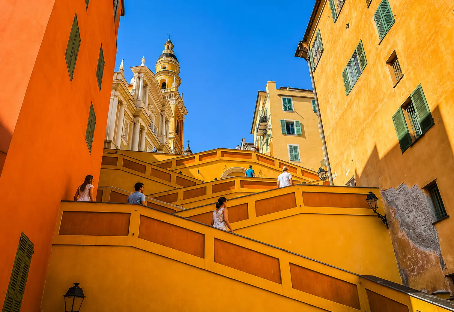 Ruelles colorées et escaliers mosaïques du centre historique de Menton