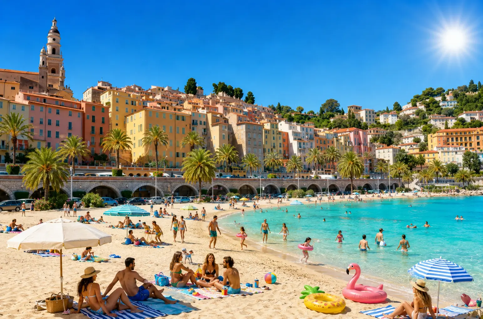 Plage des Sablettes à Menton, plus grande plage de la ville avec vue sur la vieille ville