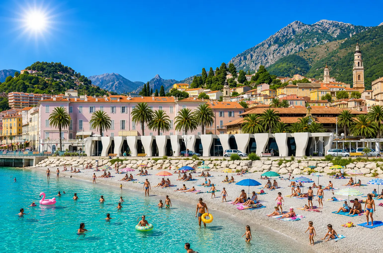 Plage du Soleil à Menton, plage tranquille avec vue sur la baie et les Alpes