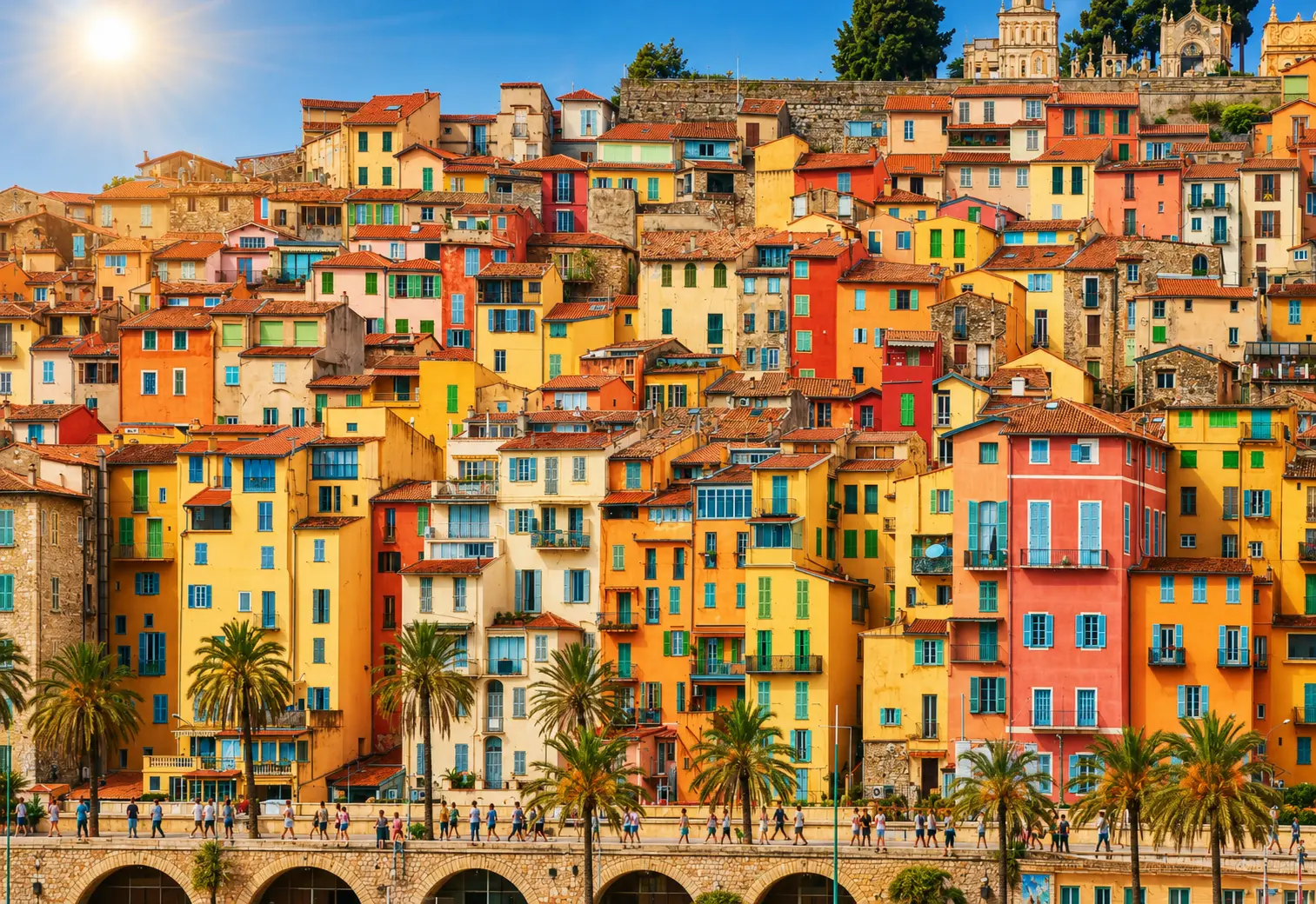 Architecture baroque et clochers dorés de la vieille ville de Menton au coucher du soleil
